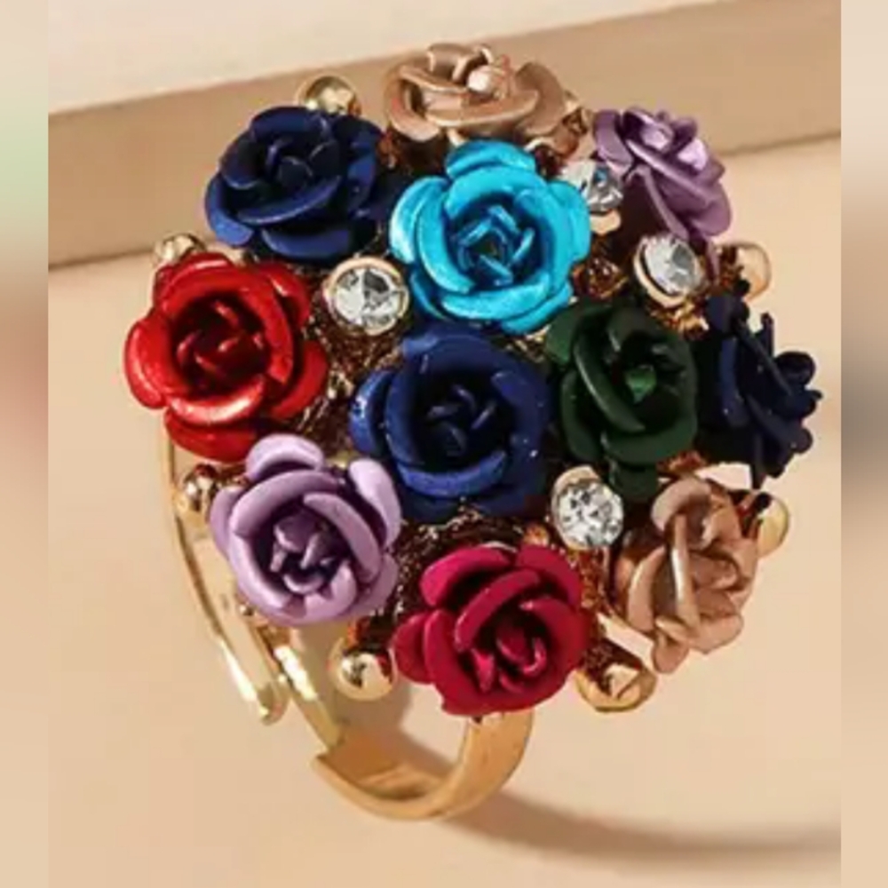 BLOOMING ROSE RING GOLD DOZEN ROSES FITS 6,7,8,9,10 - Picture 3 of 3